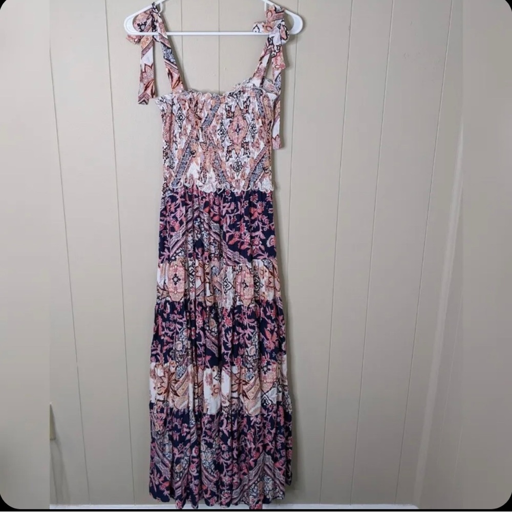 Abel the label Anthropologie boho maxi dress, pink blue floral, size small